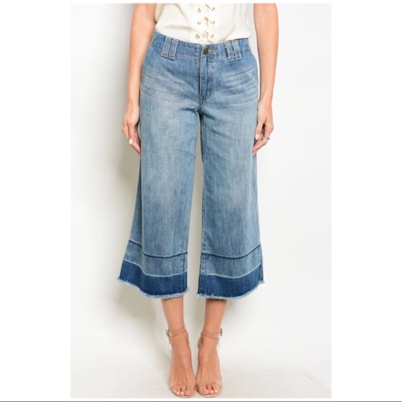 Blue Denim Distressed Wide Leg Capri Jeans M NWT - Picture 3 of 5